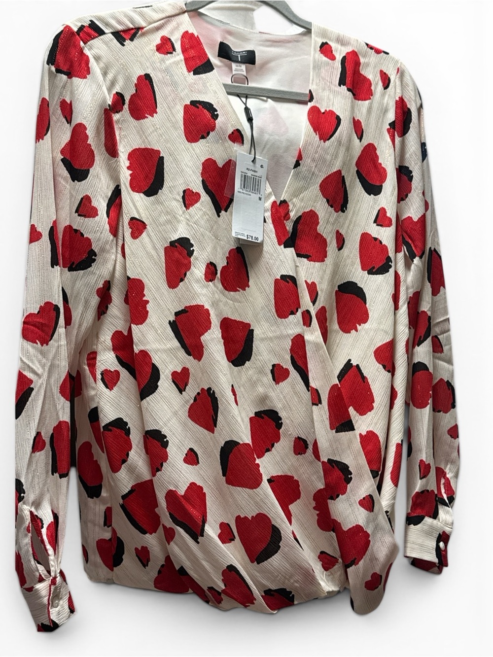 NWT Tahari Heart Print Surplice Blouse - Red & Cream SZ M runs large lose fit